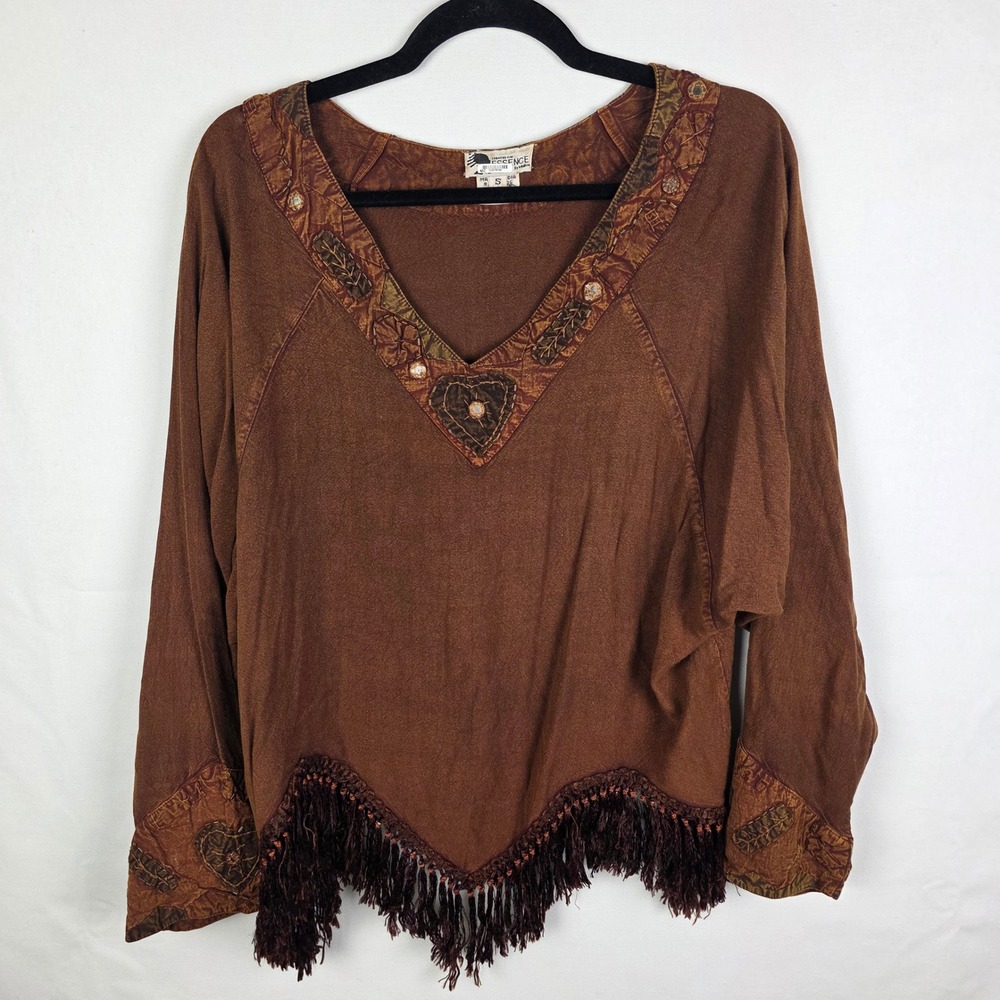 Essence by Mail Brown Boho Fringe V-Neck Top Beaded Heart‎ Rayon Blouse Small